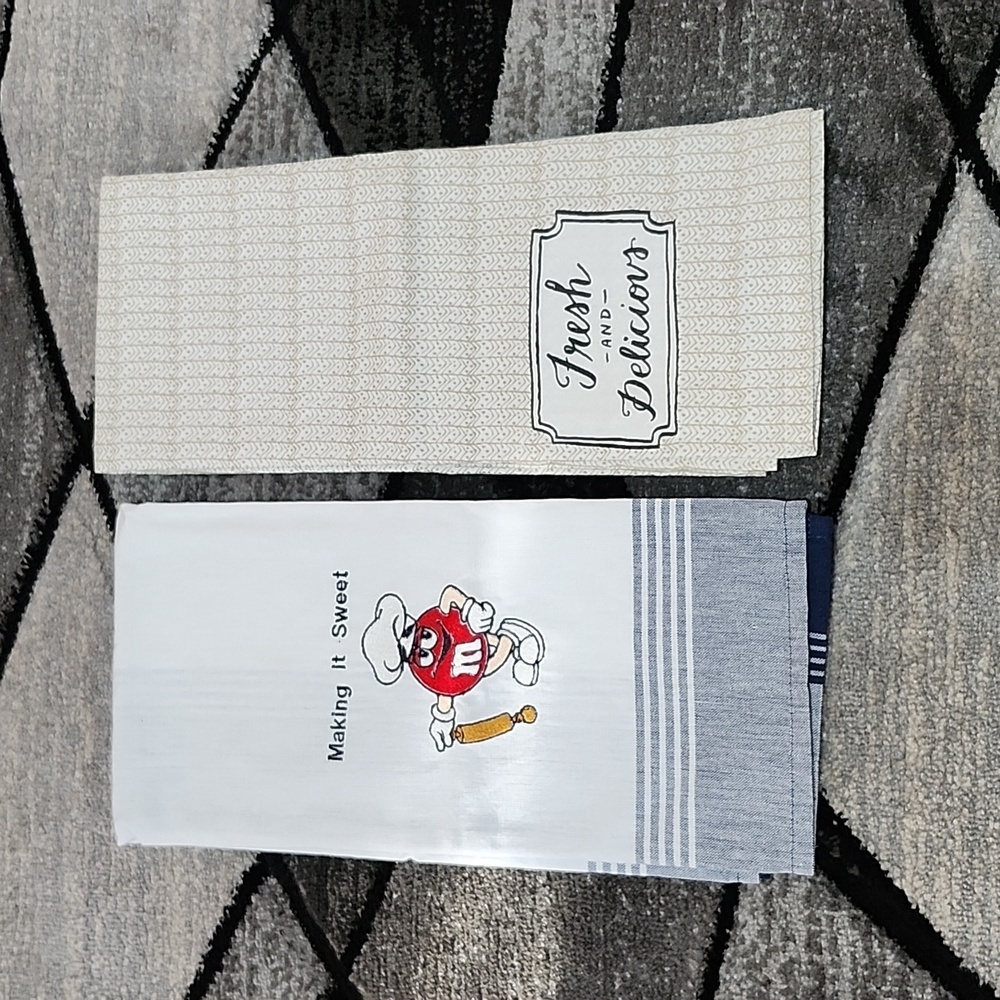 EMBROIDERED M&M MAKING IT SWEET & FRESH & DELICIOUS KITCHEN TOWELS SET-OF-2